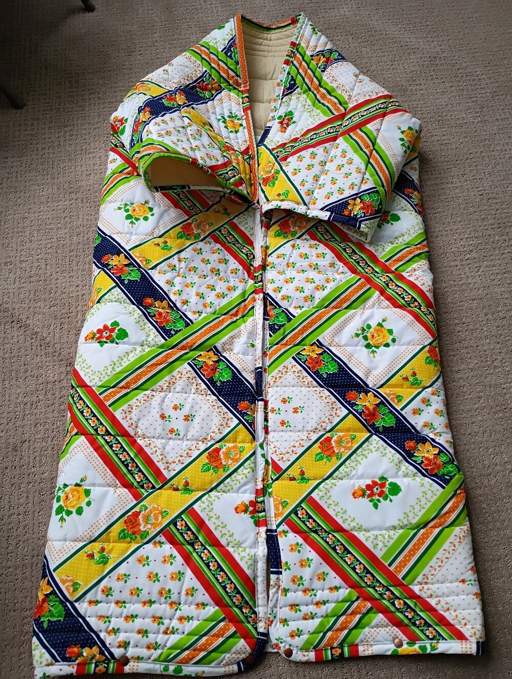 Vintage Floral Quilted "Snugglie" Wearable Sleeping Bag - Zipper Front, Snaps